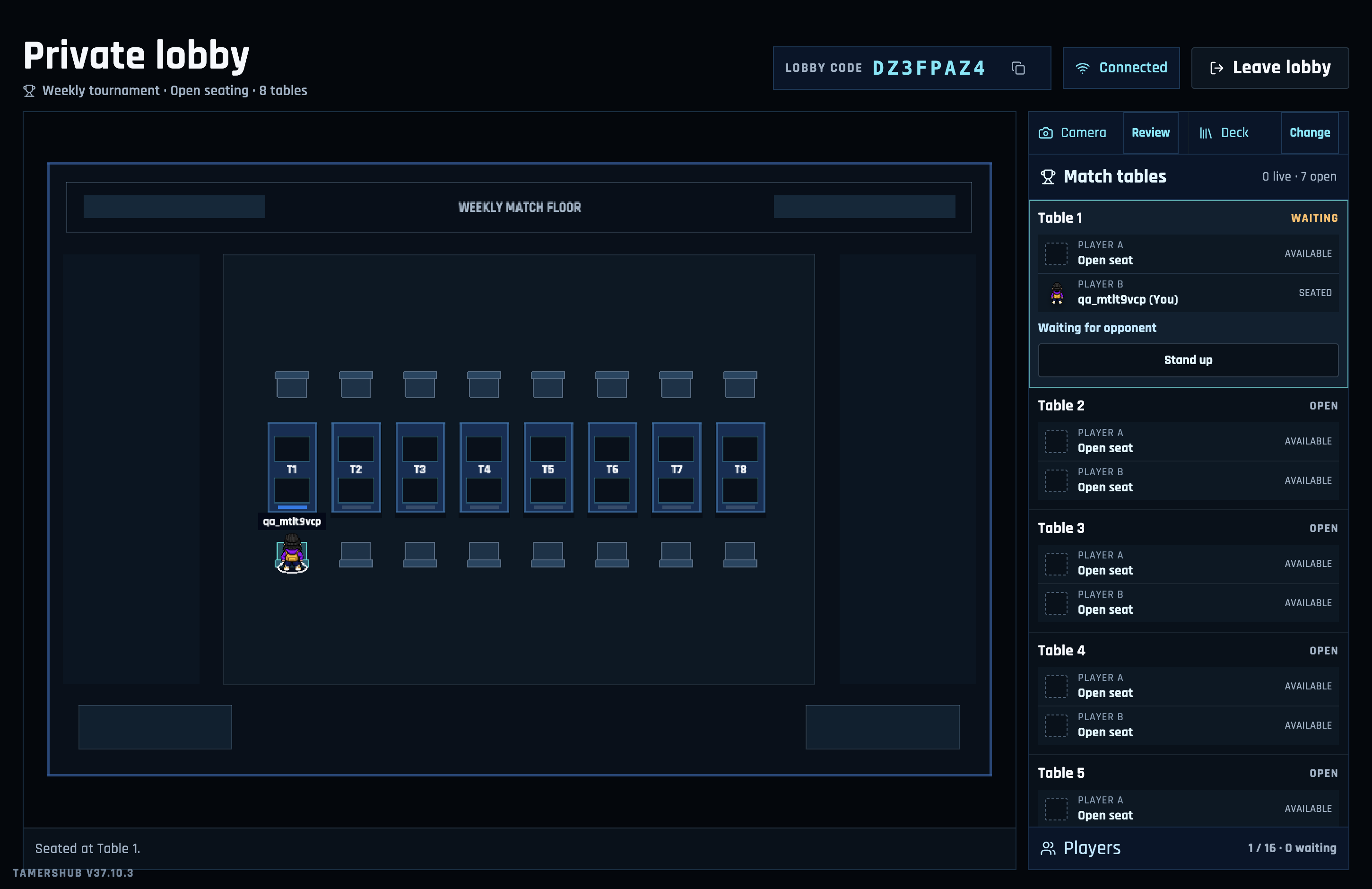 TamersHub private lobby menu with a player seated at table one